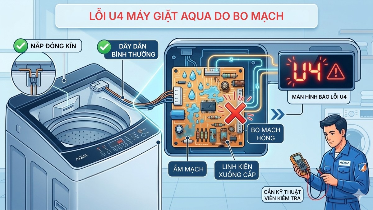 Lỗi bo mạch gây mã lỗi u4 máy giặt aqua