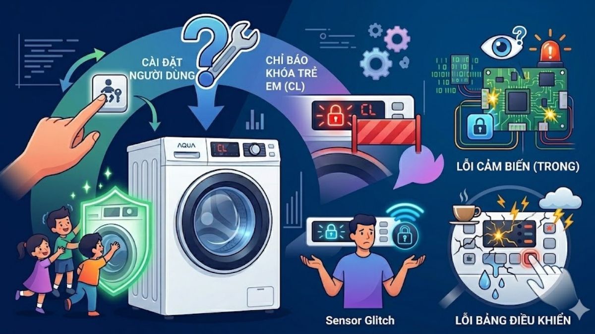 Nguyên nhân khiến máy giặt Aqua báo lỗi khóa trẻ em