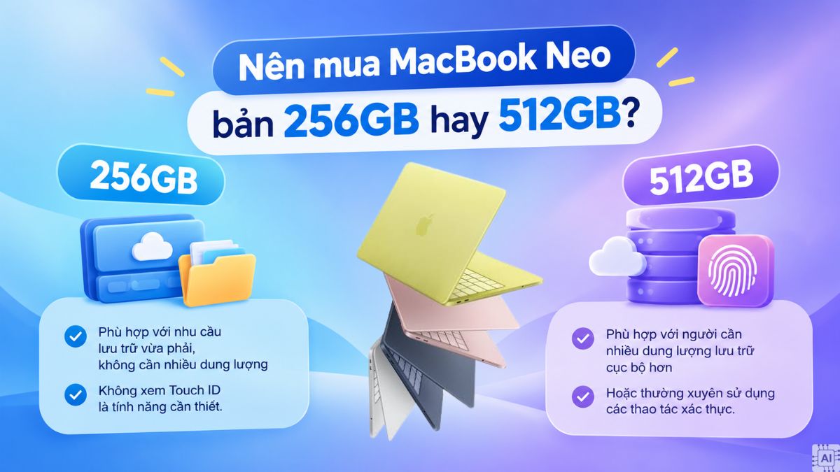 Nên mua MacBook Neo bản 256GB hay 512GB?