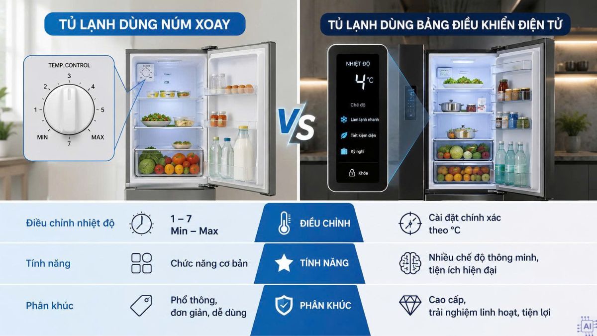 Tủ lạnh dùng núm xoay và tủ lạnh dùng bảng điều khiển điện tử 