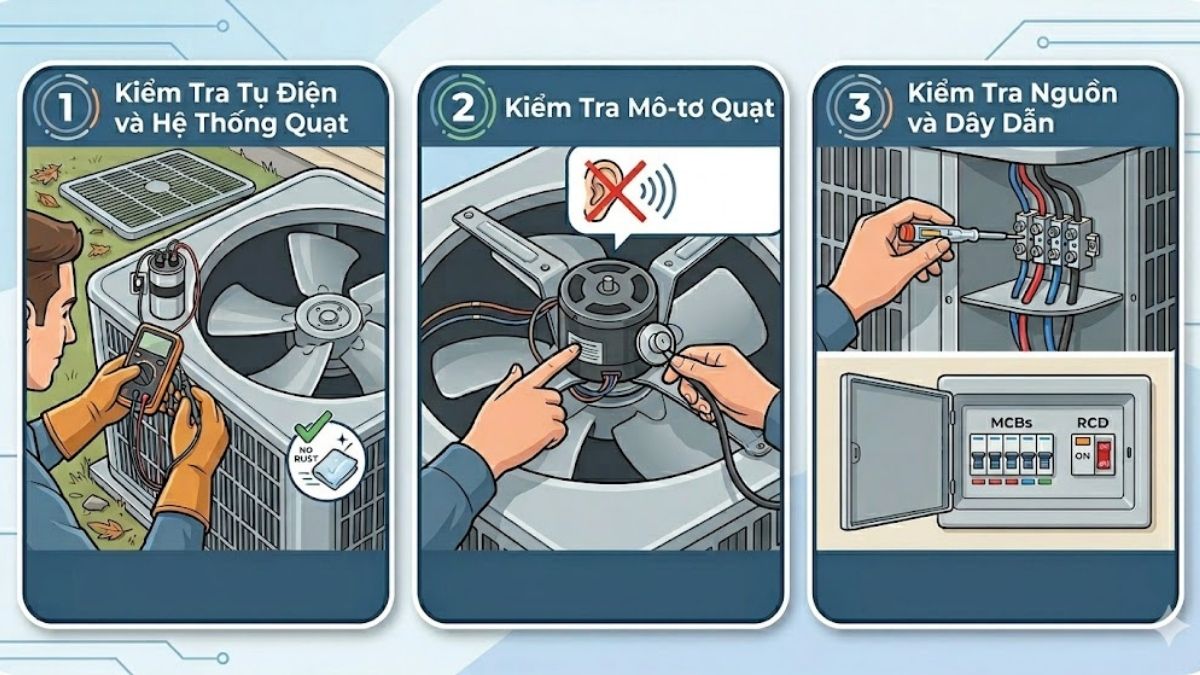 Kiểm tra tụ điện, quạt và mô tơ dàn nóng