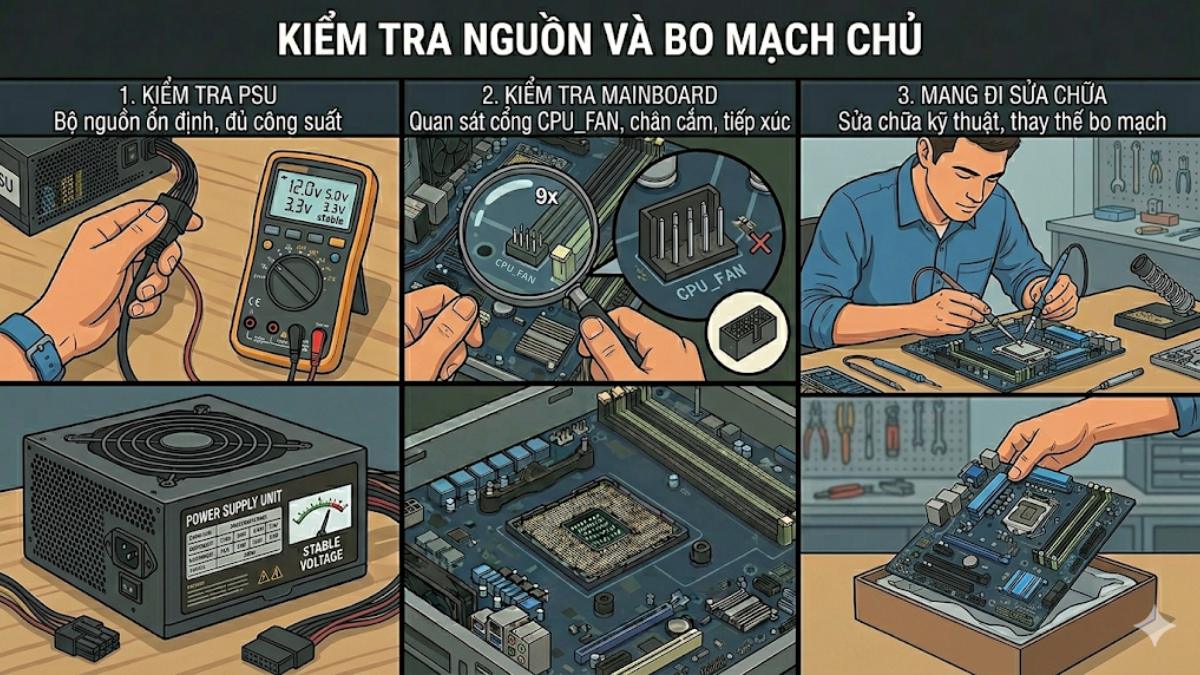 Kiểm tra nguồn điện và bo mạch chủ