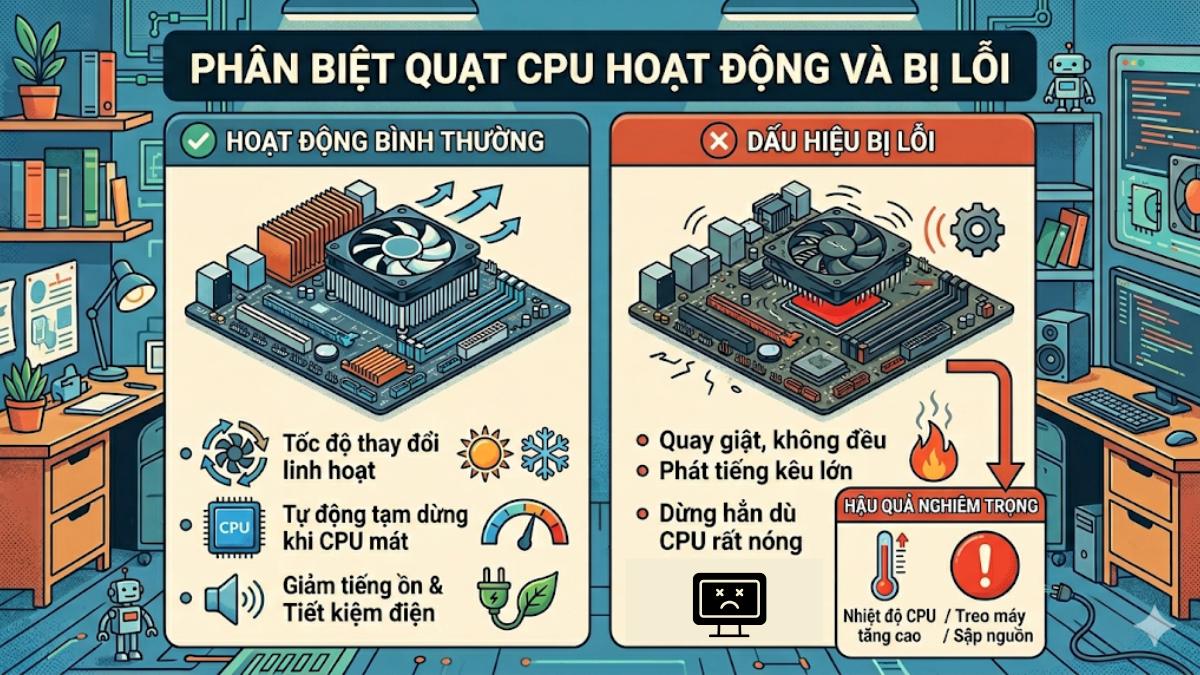 Phân biệt quạt CPU hoạt động bình thường và quạt bị lỗi