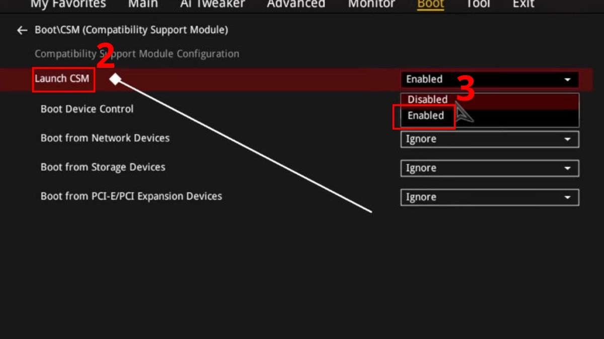 Tìm dòng Launch CSM hoặc UEFI/Legacy Boot Priority