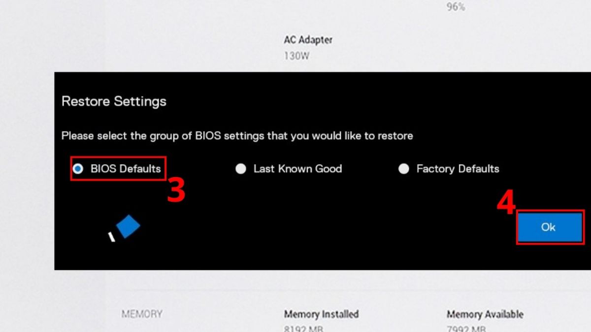 chọn BIOS Defaults rồi nhấn OK