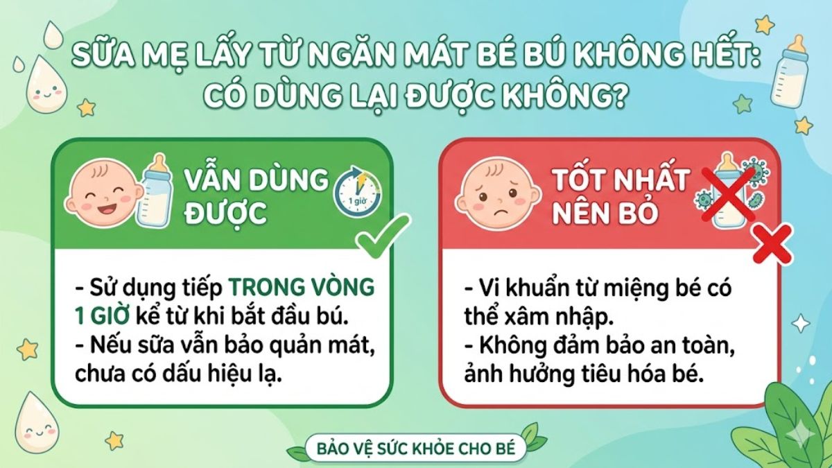 Sữa mẹ để ngăn mát bỏ ra ngoài bé bú không hết có dùng lại được không?