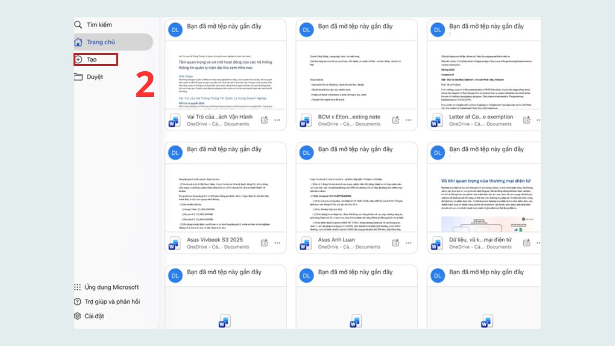 Bấm vào dấu (+) Tạo để tạo tài liệu mới