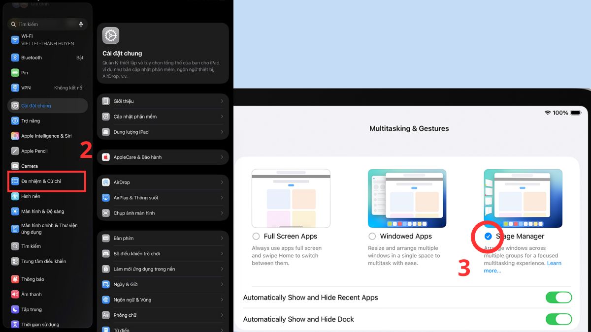 Nhấn chọn vào mục Đa nhiệm & Cử chỉ 