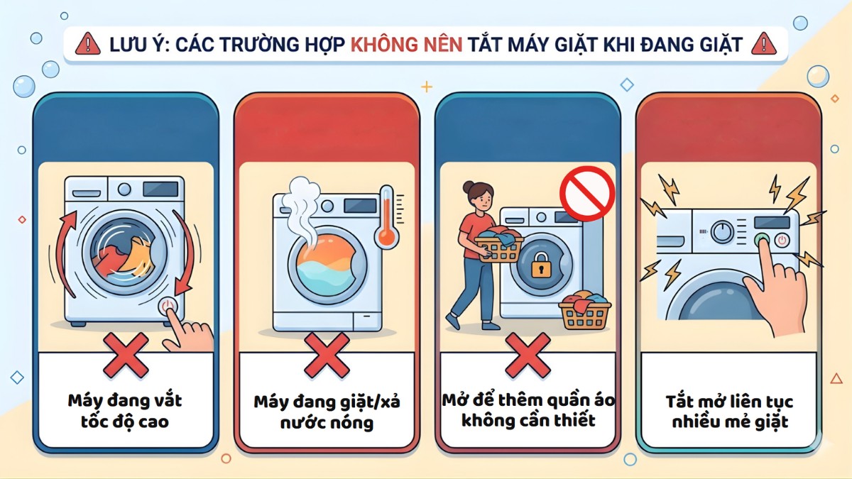 Những trường hợp KHÔNG NÊN ngắt máy giặt trong lúc hoạt động