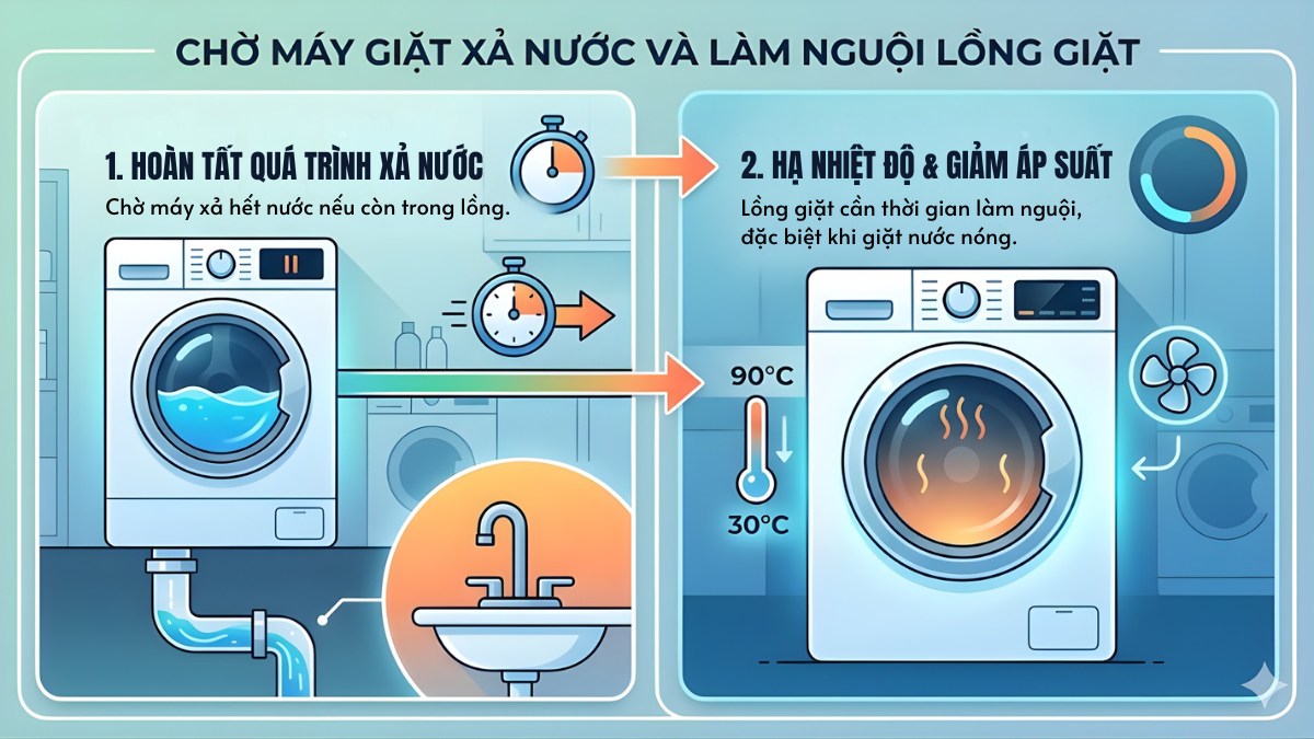 Chờ máy giặt xả nước và làm nguội lồng giặt