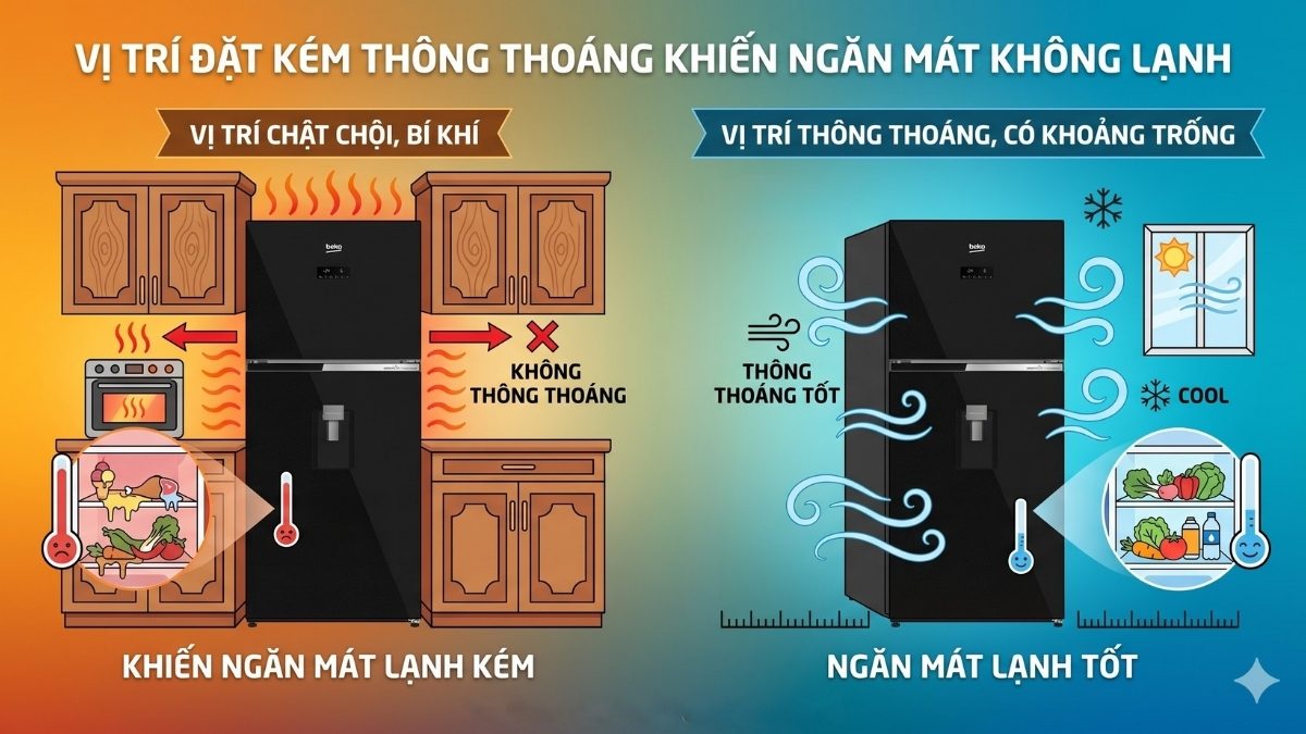Vị trí đặt tủ lạnh không đạt yêu cầu thông thoáng