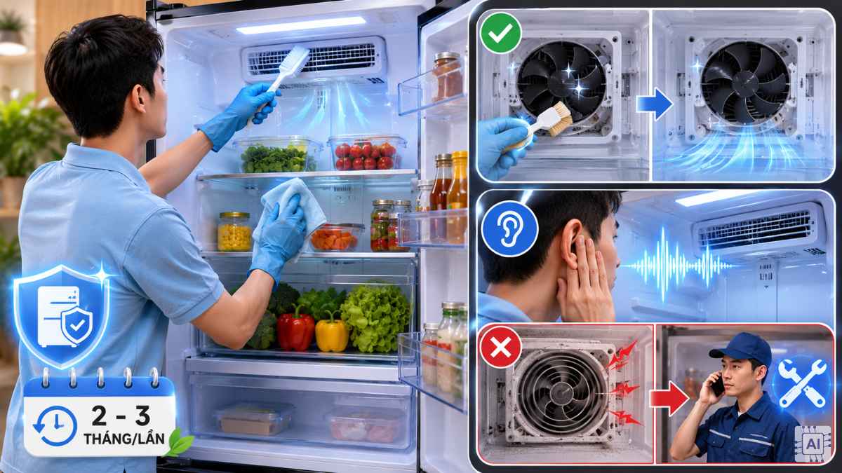 Vệ sinh tủ lạnh định kỳ và kiểm tra quạt gió
