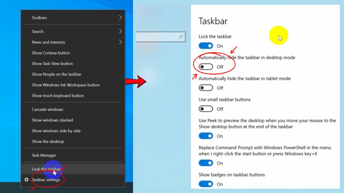 Bật Automatically hide the taskbar