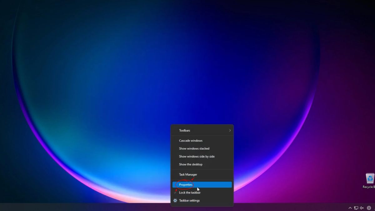 Nhấp chuột phải Taskbar