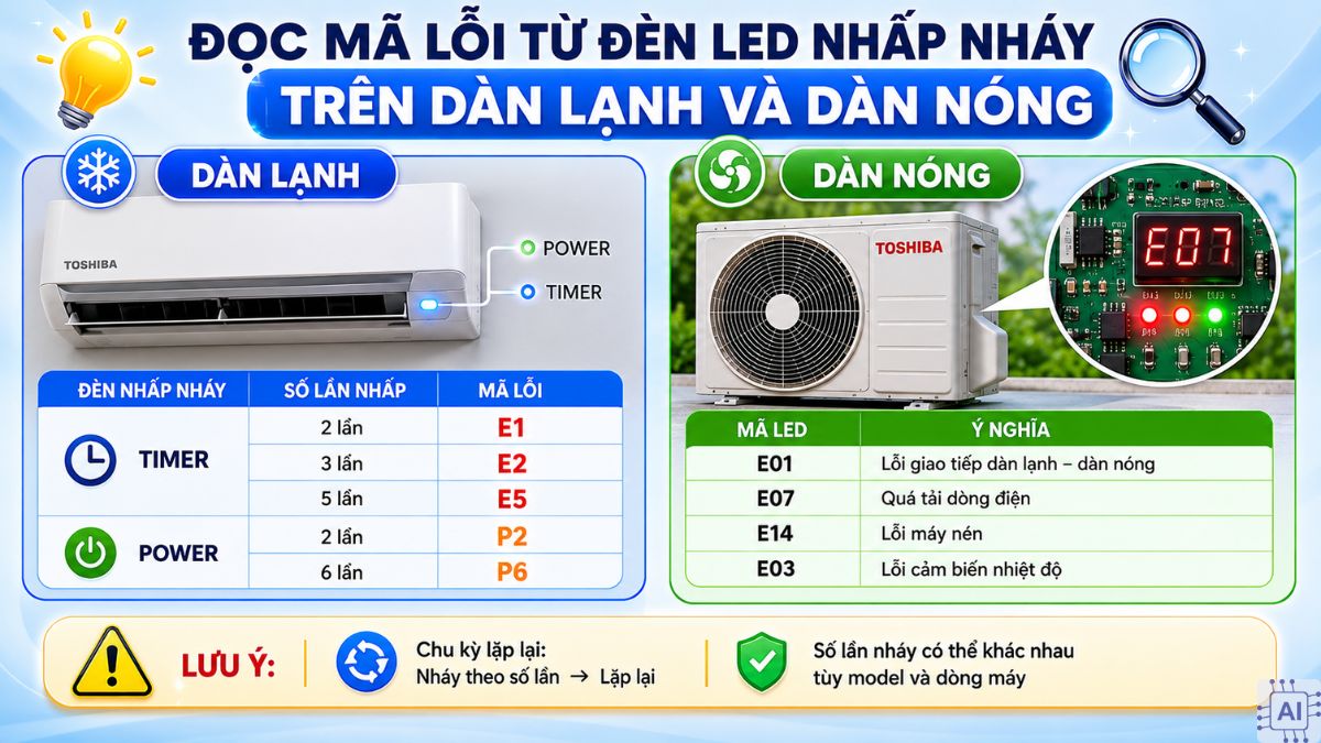 Đọc mã lỗi từ đèn LED nhấp nháy trên dàn lạnh và dàn nóng