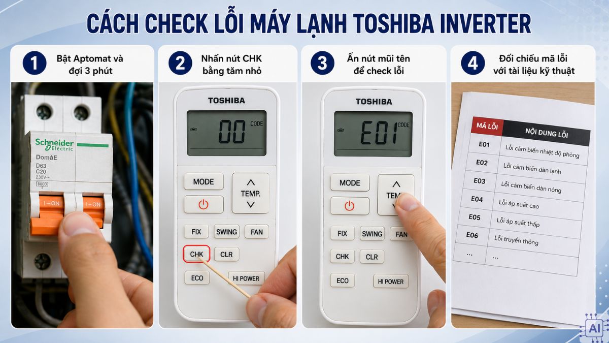 Cách check lỗi máy lạnh Toshiba Inverter