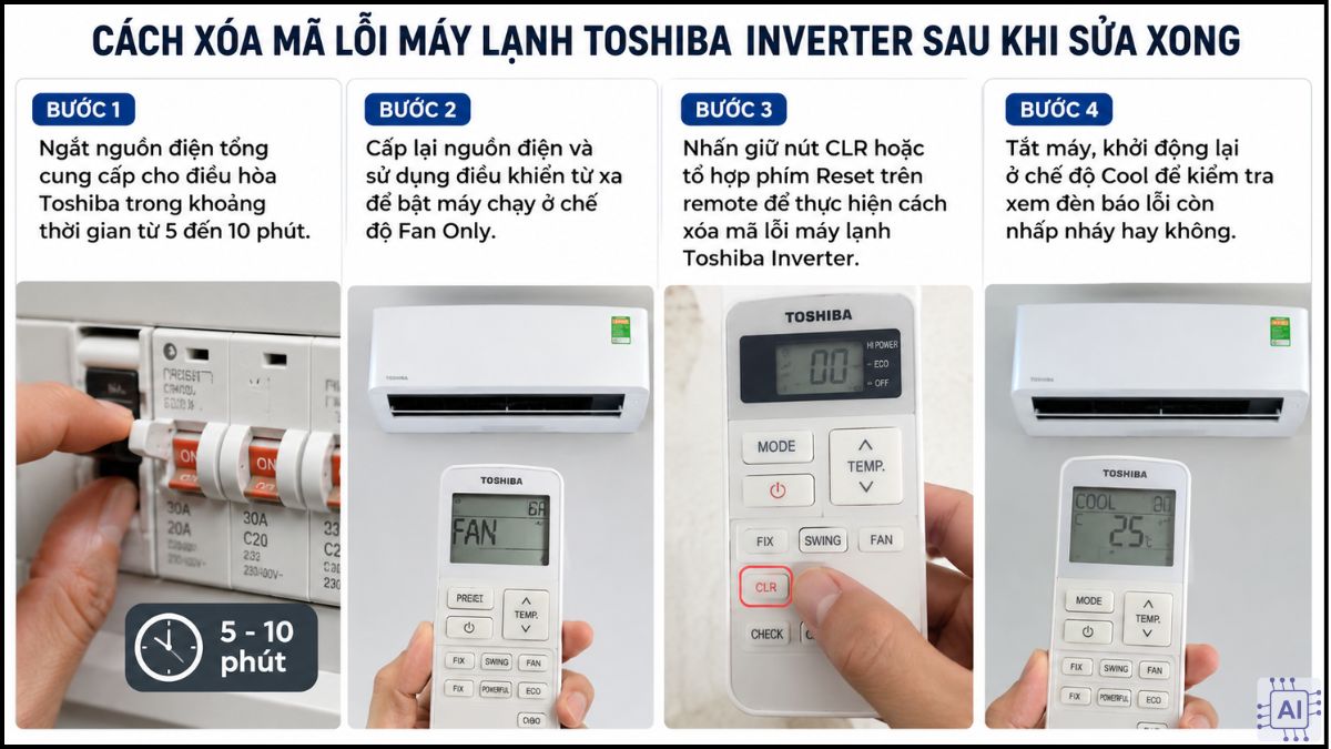 Cách xóa mã lỗi máy lạnh Toshiba Inverter sau khi sửa xong