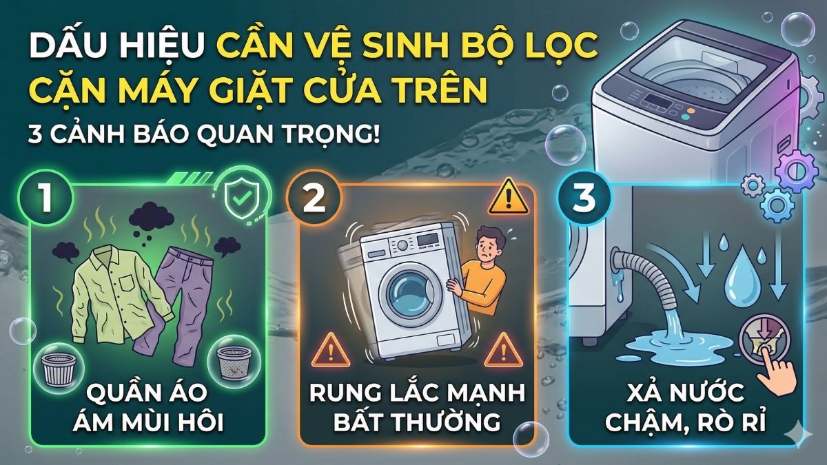 Dấu hiệu nhận thấy cần vệ sinh bộ lọc cặn máy giặt cửa trên