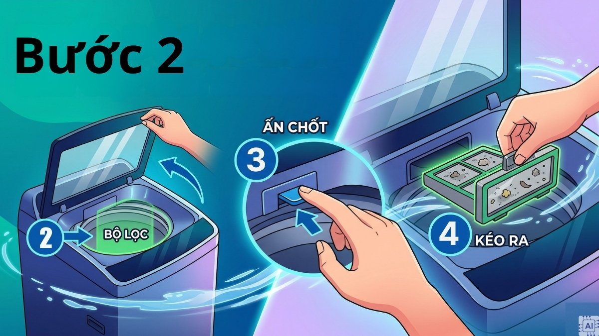 Xác định vị trí và tháo bộ lọc cặn máy giặt cửa trên