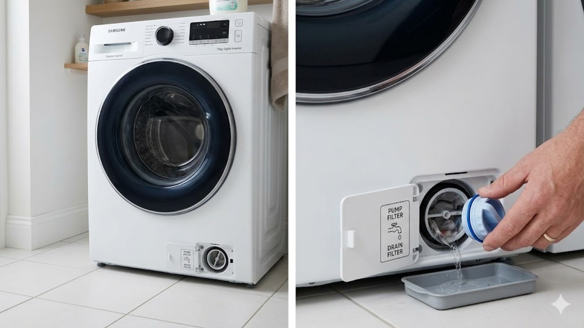 Bộ lọc thoát nước máy giặt Samsung nằm ở đâu?