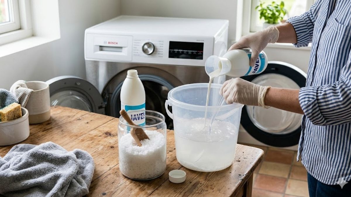 Vệ sinh lồng máy giặt bằng muối và nước tẩy Javel