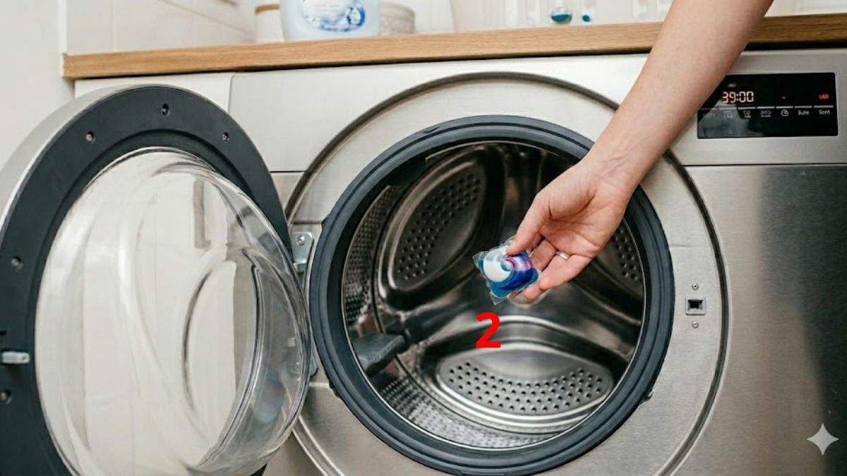Đổ dung dịch hoặc viên vệ sinh vào lồng giặt