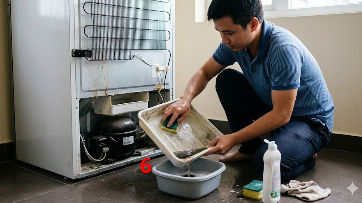 Vệ sinh khay thoát nước phía sau tủ