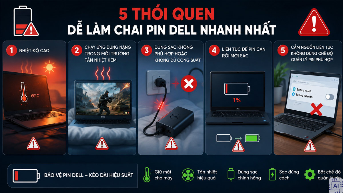 Thói quen sử dụng nào dễ làm chai pin Dell nhanh nhất?