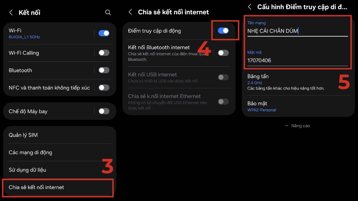 Chọn mục Chia sẻ kết nối Internet và nhấn vào Điểm truy cập di động