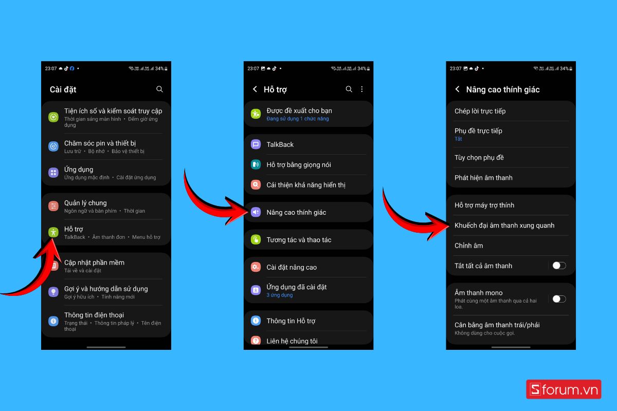 Mở phần cài đặt và tìm đến mục Khuếch đại âm thanh xung quanh