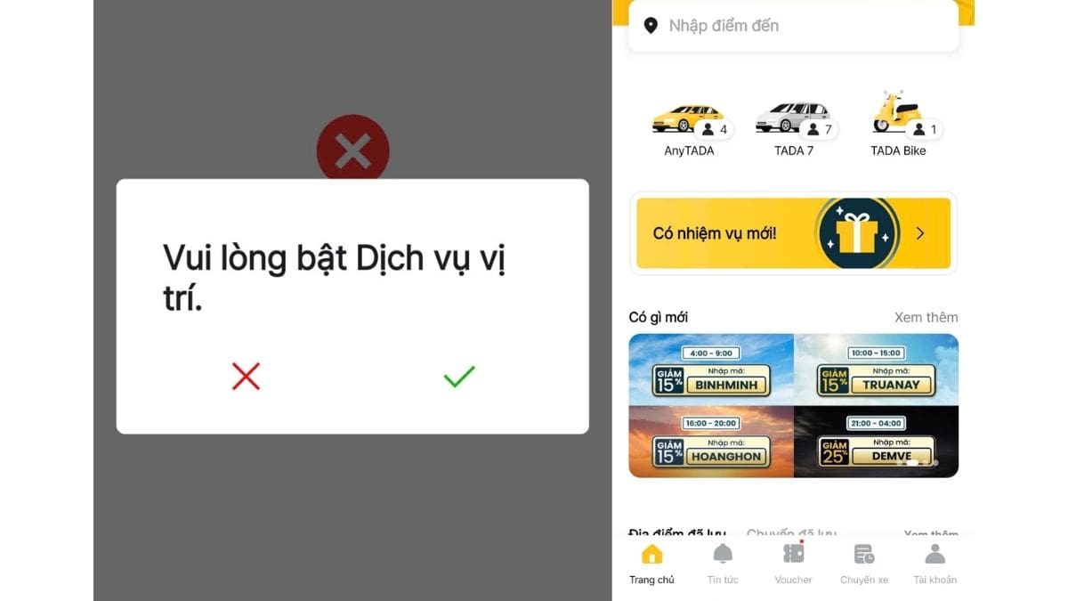 Mở app TADA, bật GPS để xác nhận vị trí hiện tại