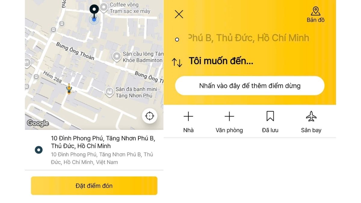 Nhập điểm đến và điểm đón trên app TADA
