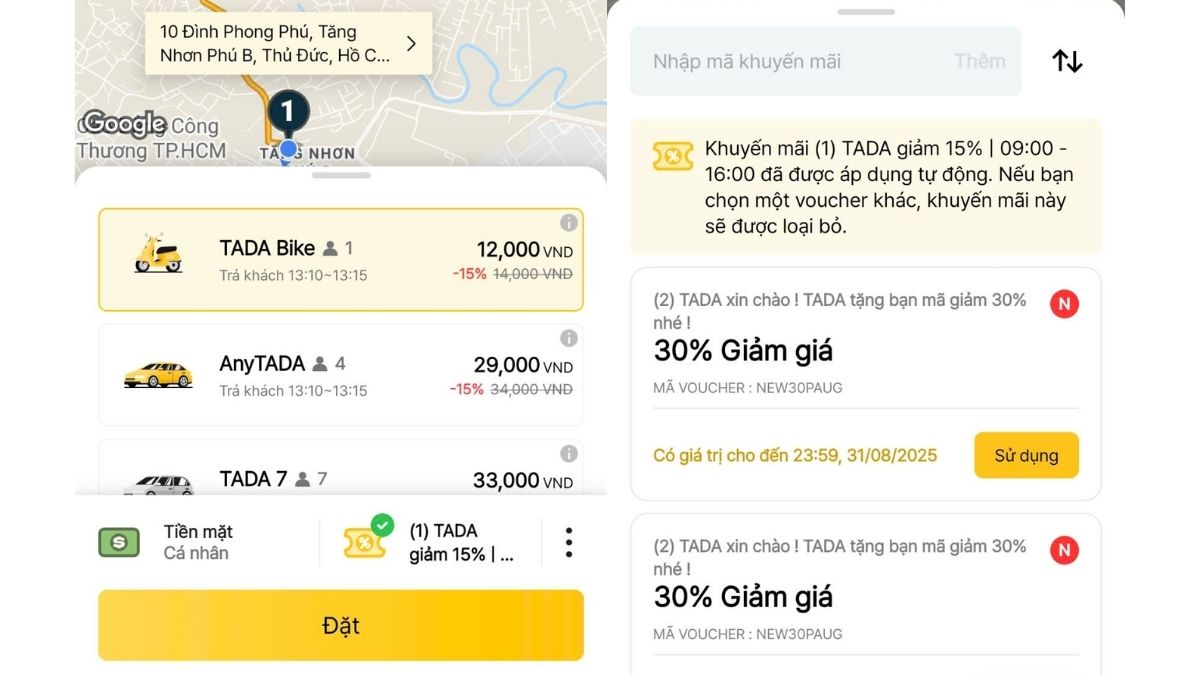 Chọn phương tiện và áp dụng mã giảm giá trên app TADA