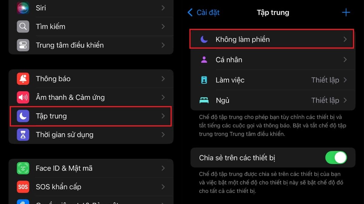Vào Cài đặt và chọn mục Tập trung