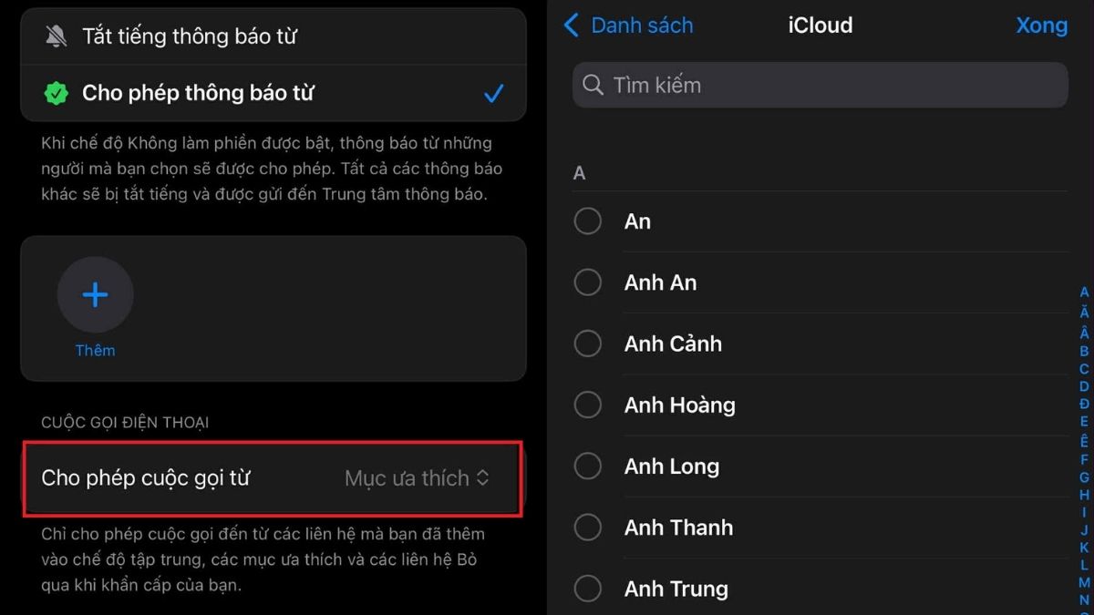 Chọn mục Cho phép cuộc gọi từ và Mục ưa thích