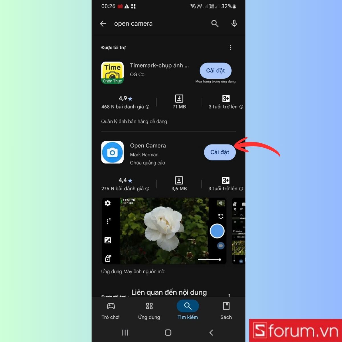 Tải và mở ứng dụng Open Camera trên điện thoại Samsung