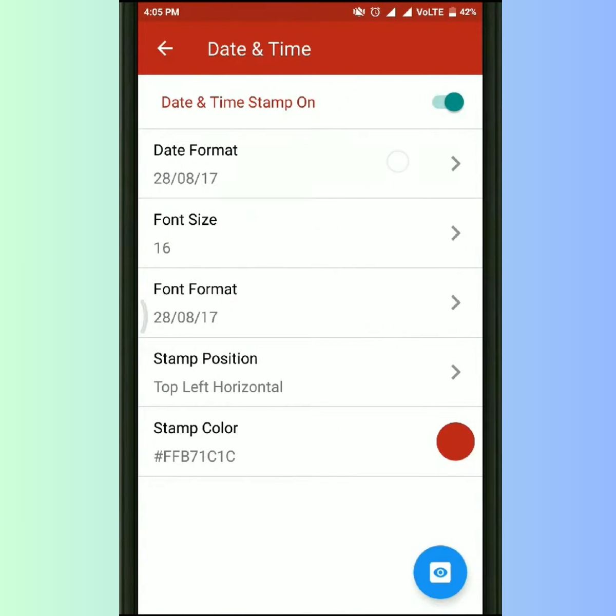Chỉnh sửa các thiết lập dấu thời gian như kiểu chữ, màu sắc, kích thước, vị trí hiển thị trên ảnh. 