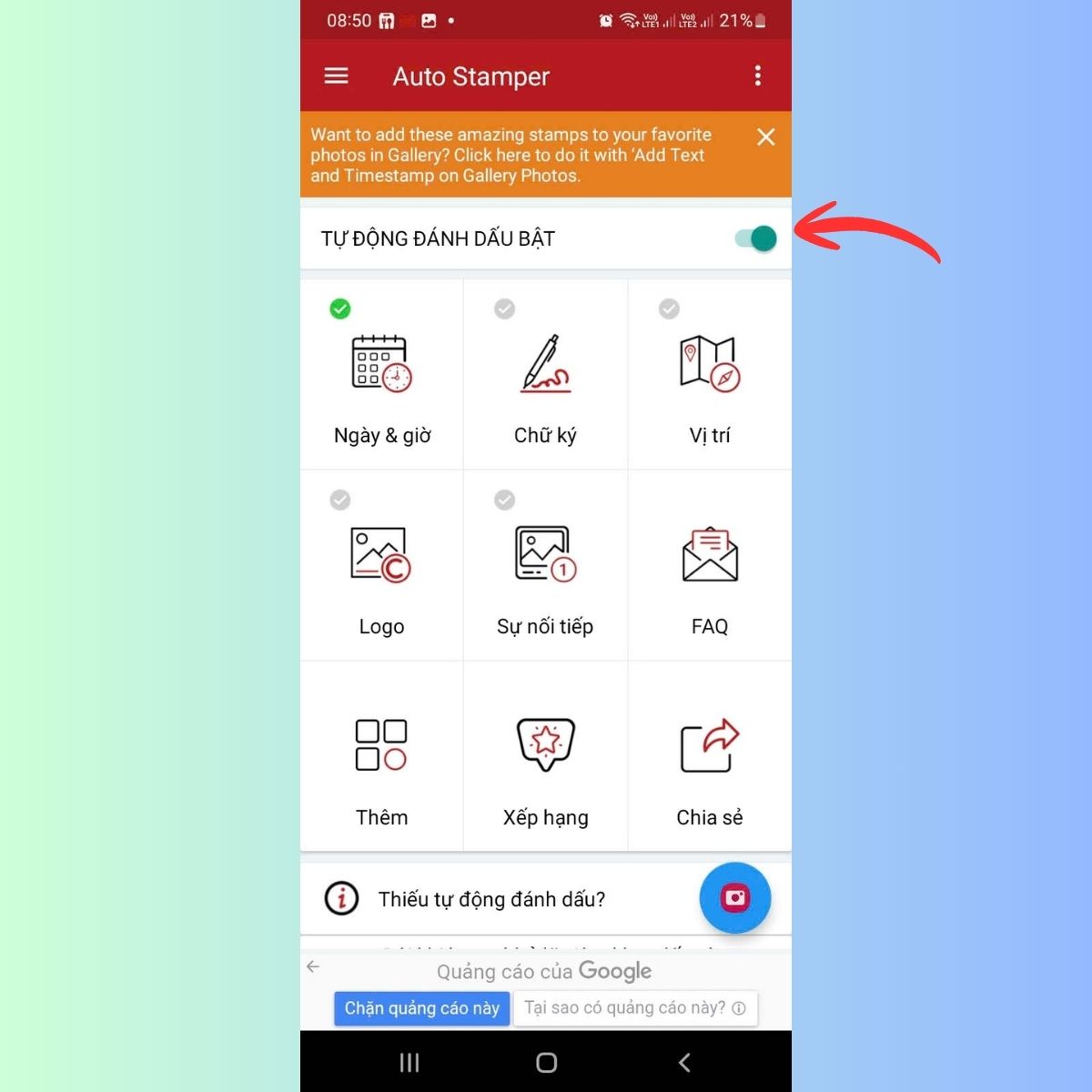 Bật tính năng Auto Stamp