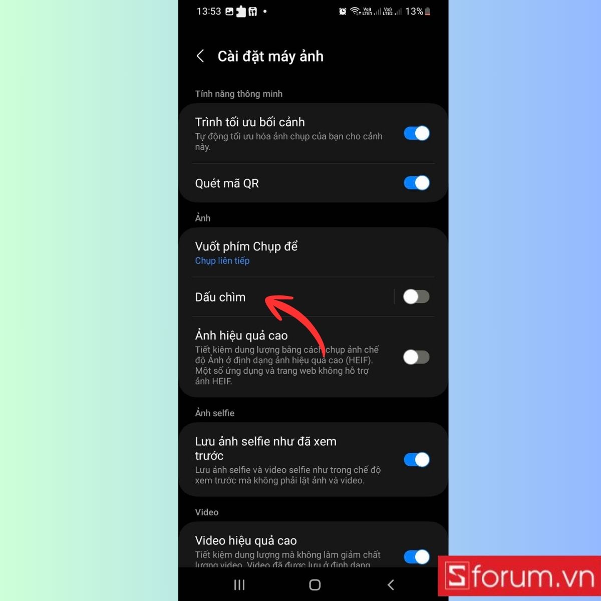 Nhấn chọn mục Dấu chìm