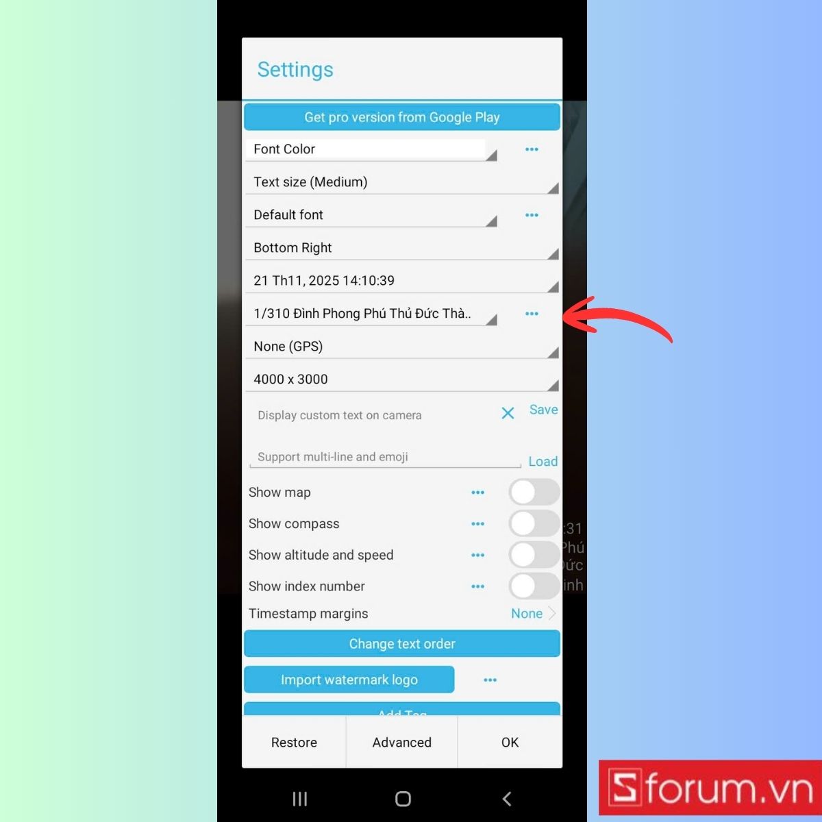 Chọn định dạng ngày, kiểu chữ, màu sắc, kích cỡ dấu thời gian, vị trí GPS, tọa độ chụp ảnh.