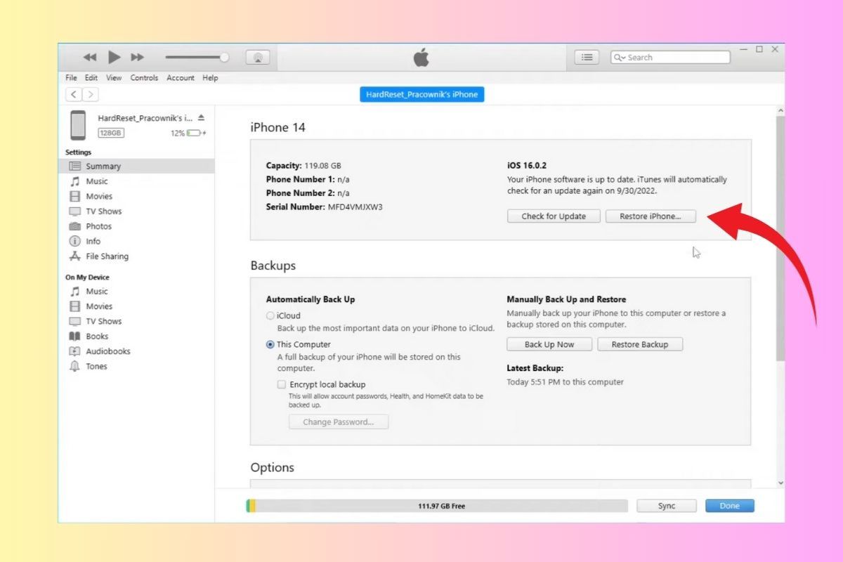 Nhấn chọn Restore iPhone