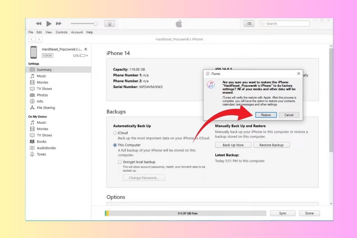 Chọn Restore trên iPhone