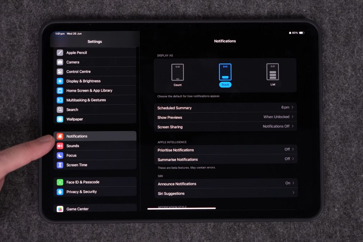 Thực hiện tắt những thông báo không cần thiết trên iPad bước 1