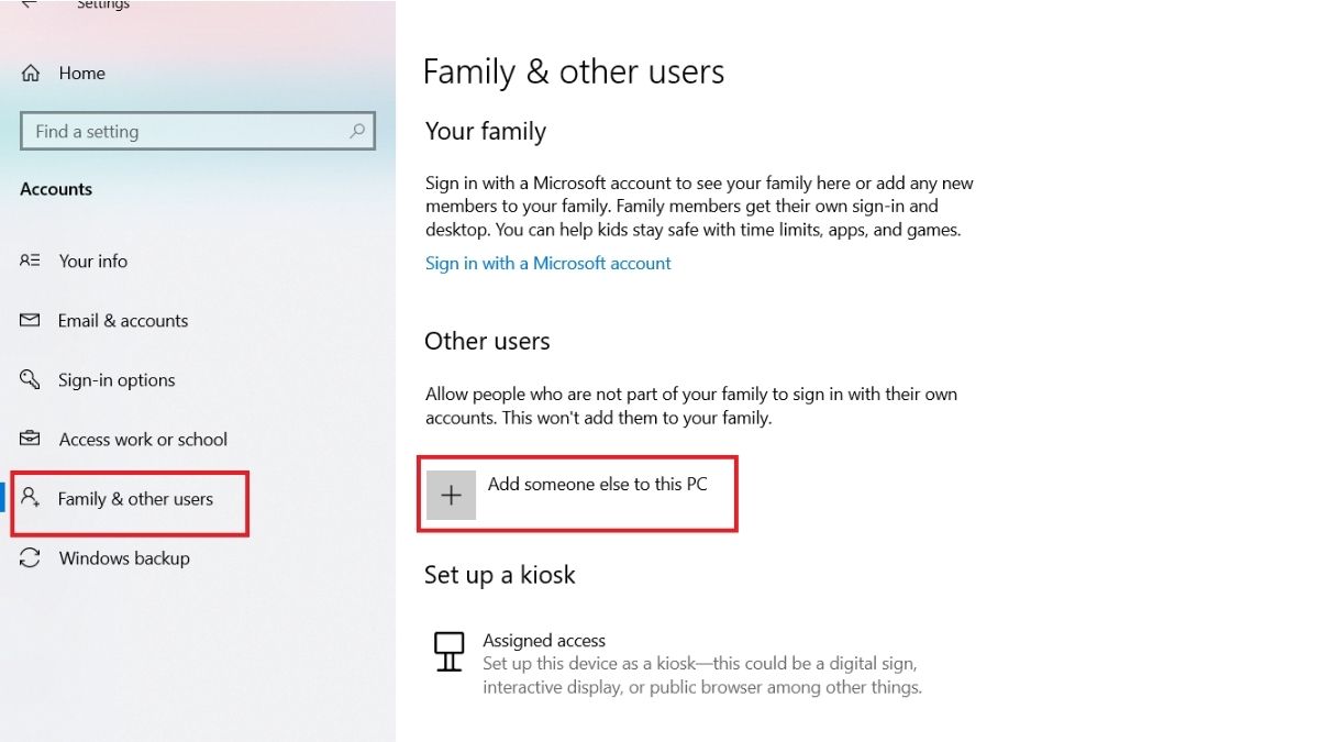 Cách tạo user trong Win 10 trong Windows Settings bước 3 (Hình minh họa)