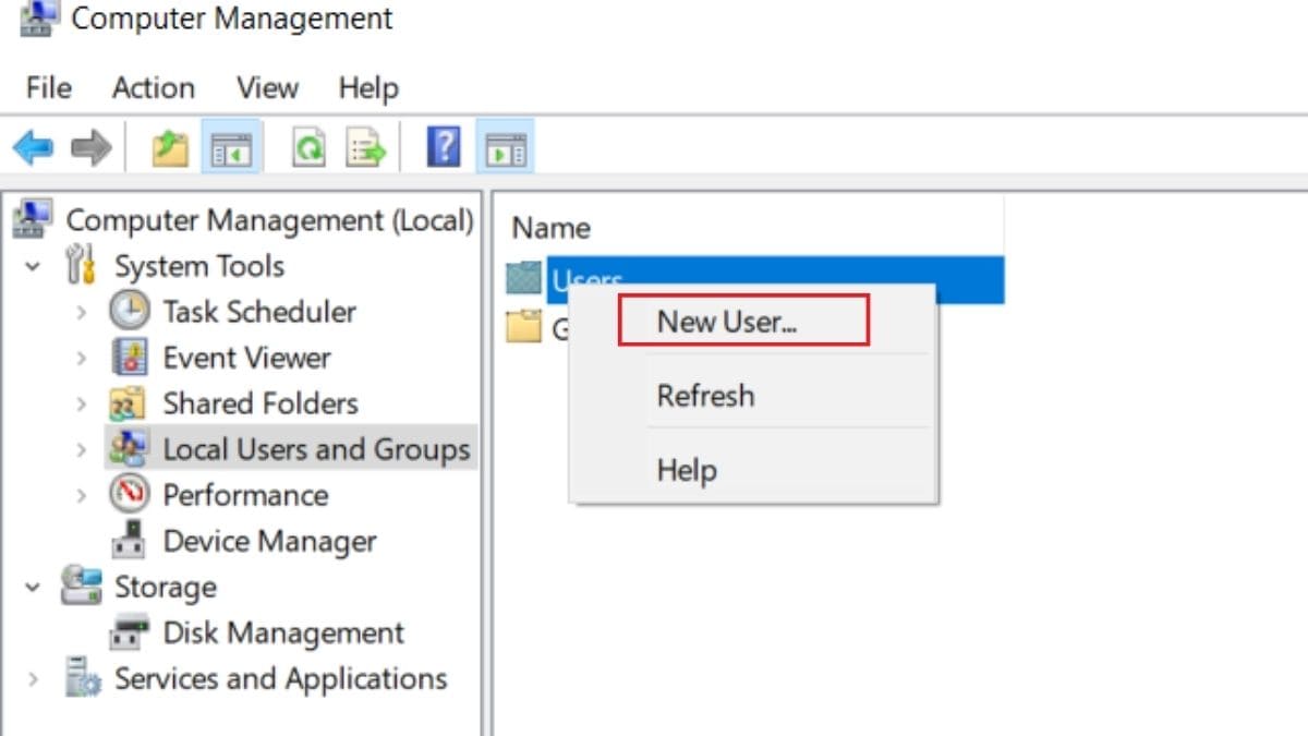 Cách tạo user trong Win 10 thông qua Computer Management bước 3 (Hình minh họa)