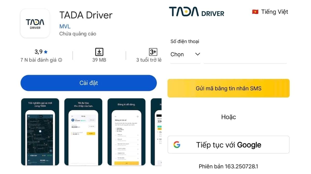 Tải app và đăng ký tài xế TADA
