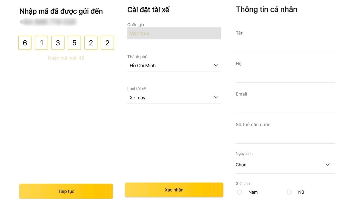 Xác nhập OTP và nhập thông tin đăng ký tài xế TADA