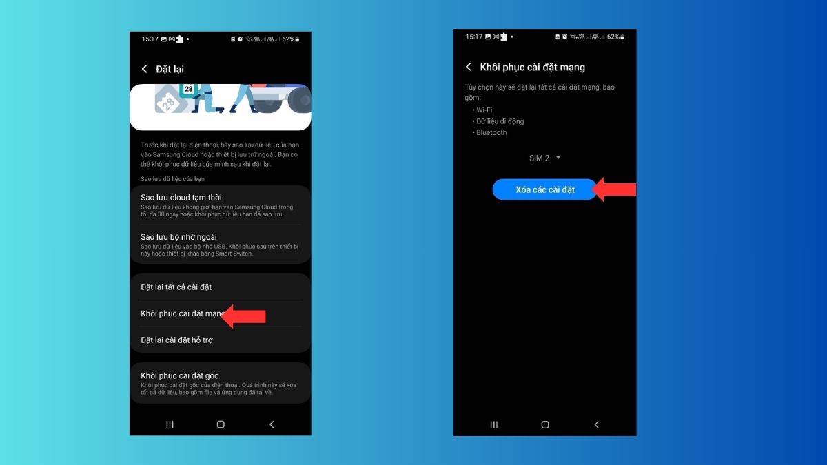 Chọn khôi phục cài đặt mạng và chọn xóa các cài đặt