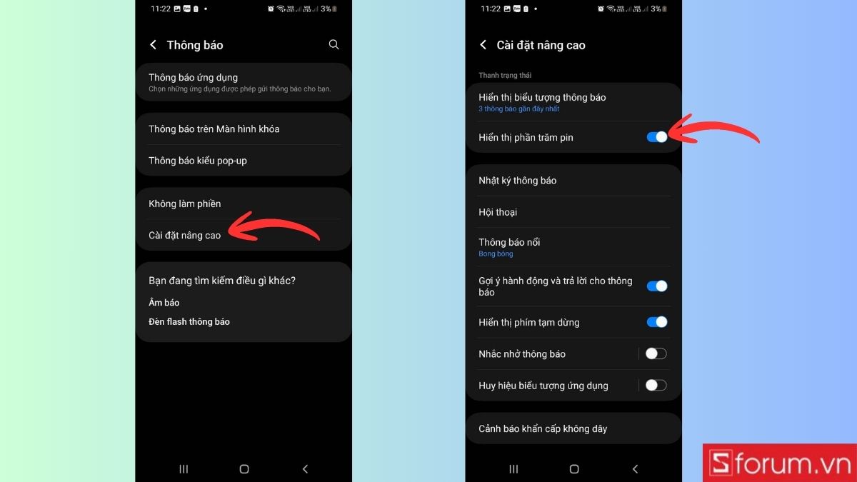 Bật tính năng hiển thị phần trăm pin