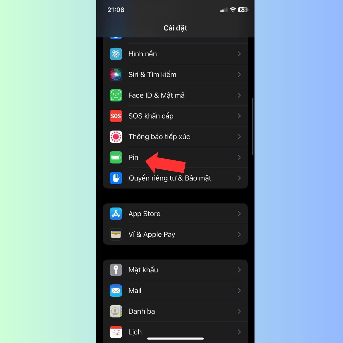 Kéo xuống và chọn vào mục Pin